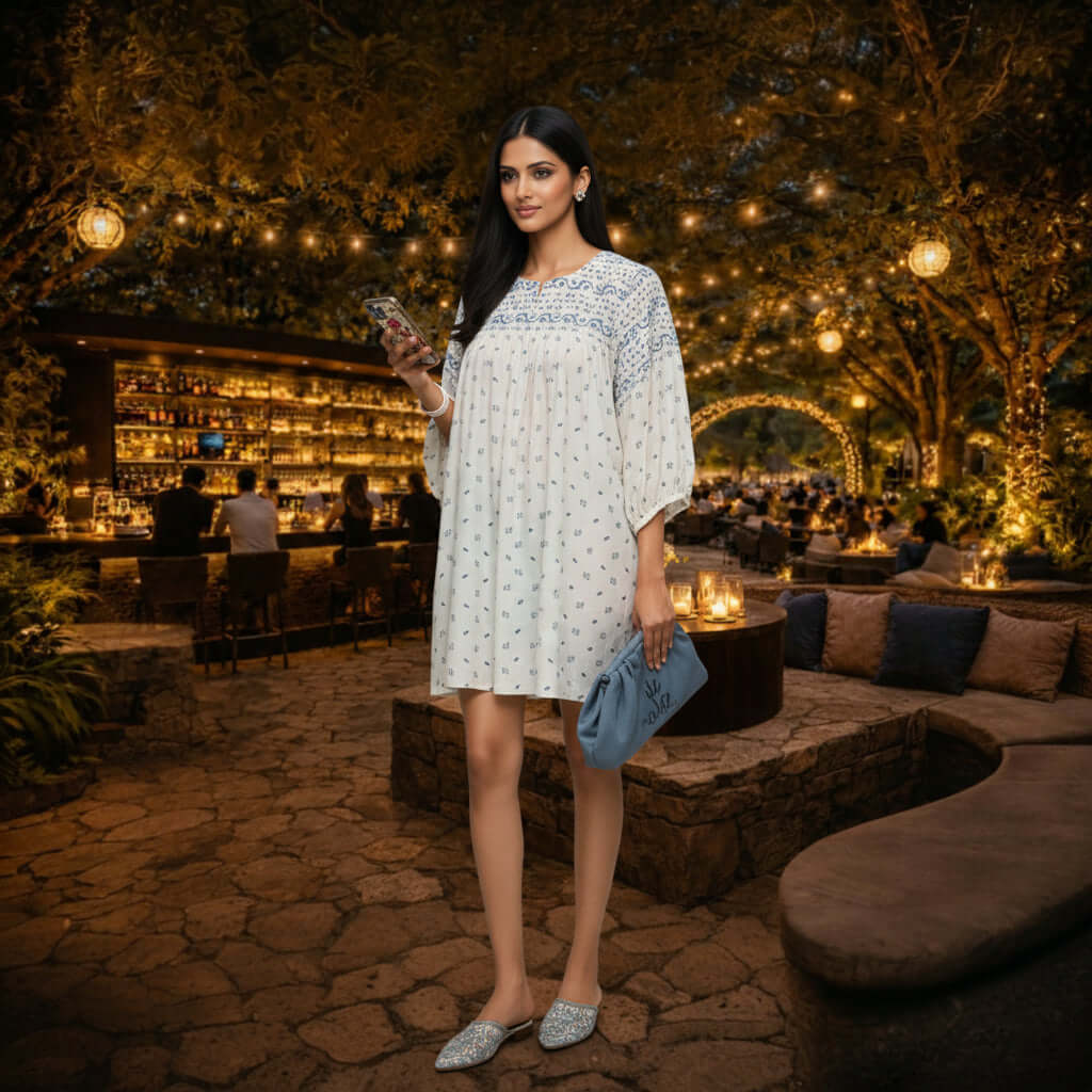 Woman Woman in a Boho Block Print Tunic by House of Majisha, ivory cotton tunic with blue block print, balloon sleeves sitting on a table in a cozy outdoor bar setting with string lights and a bar in the background.