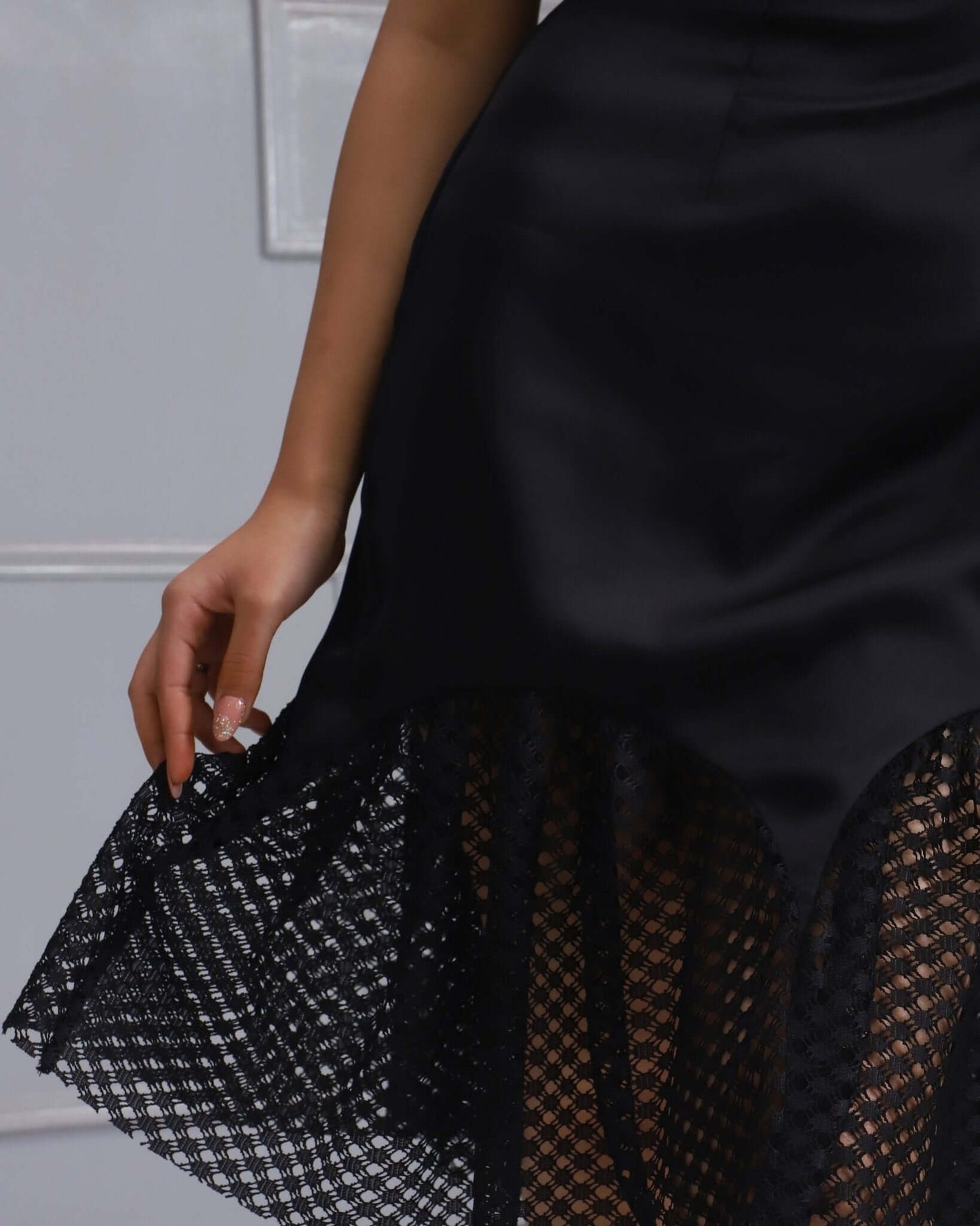 Black Mesh Dress - Elegant black evening dress with sultry mesh detail, perfect for a night out. Sophisticated silhouette for a glamorous look.