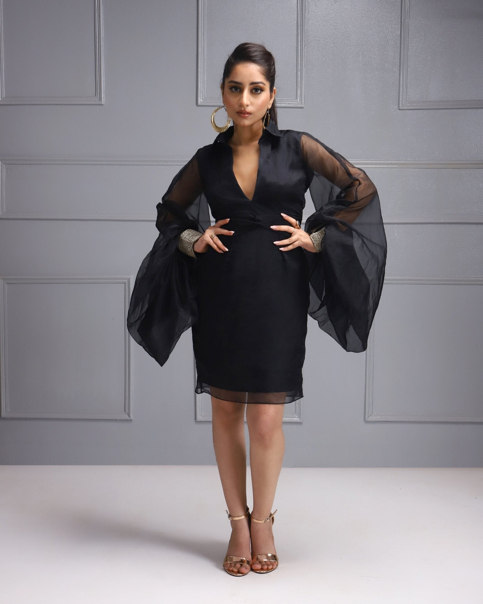 Black Sheer Dress - Elegant knee-length cocktail dress with sheer puff sleeves for a night out or special occasion.