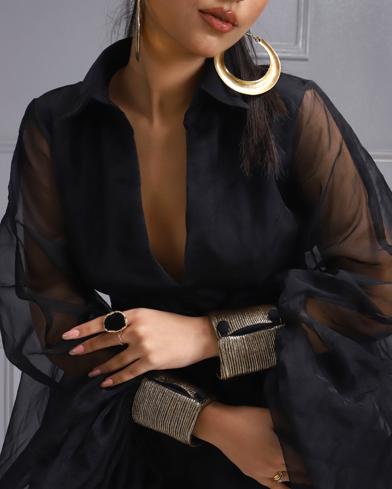 Black Sheer Puff Sleeve Knee-Length Cocktail Dress for Women