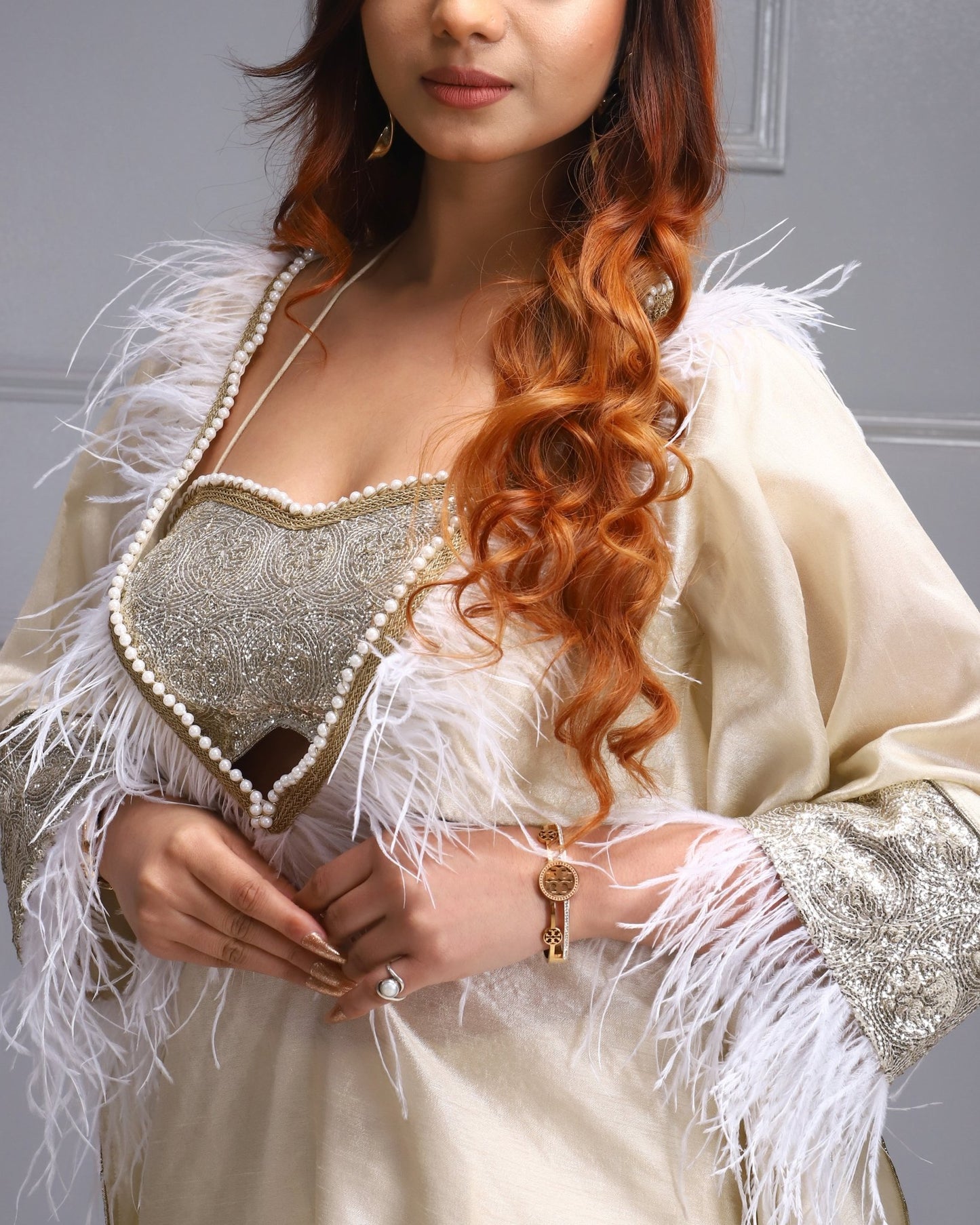 Women's Cream Silk Kaftan Coord Set with Sequined Detail and Feathery Accent.