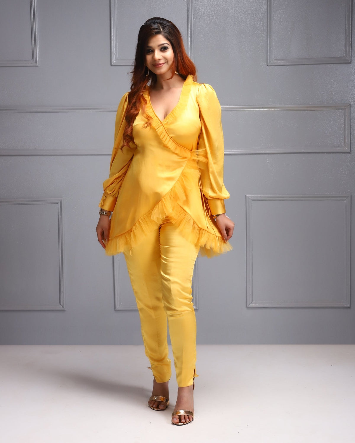 Co-ord Set  Yellow Coord Set, Peplum Top, Ruffle Detail, Wrap Style Top, Tapered Trousers, Vibrant Outfit, Fashion Statement.