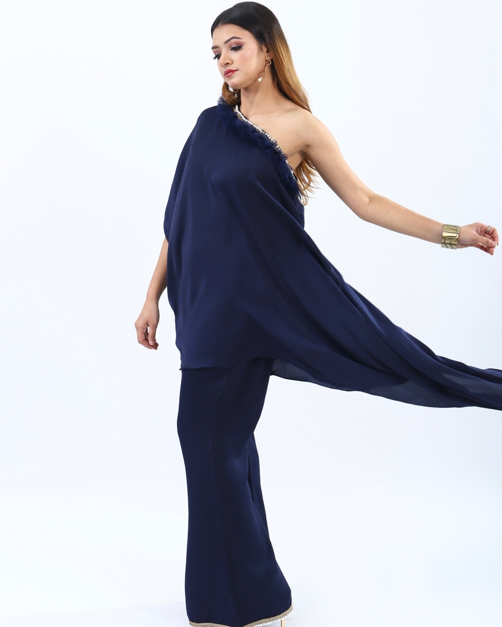 Chic navy blue one shoulder Coord Dress and wide-leg trousers set for women.