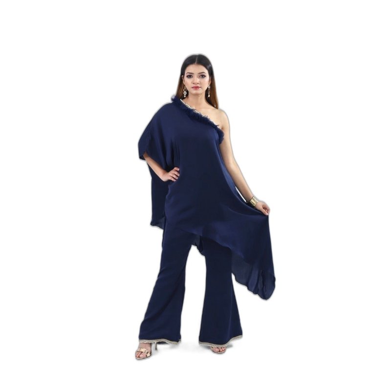 Women's navy blue one-shoulder Coord Dress and wide-leg trousers set for elegant and seductive style.