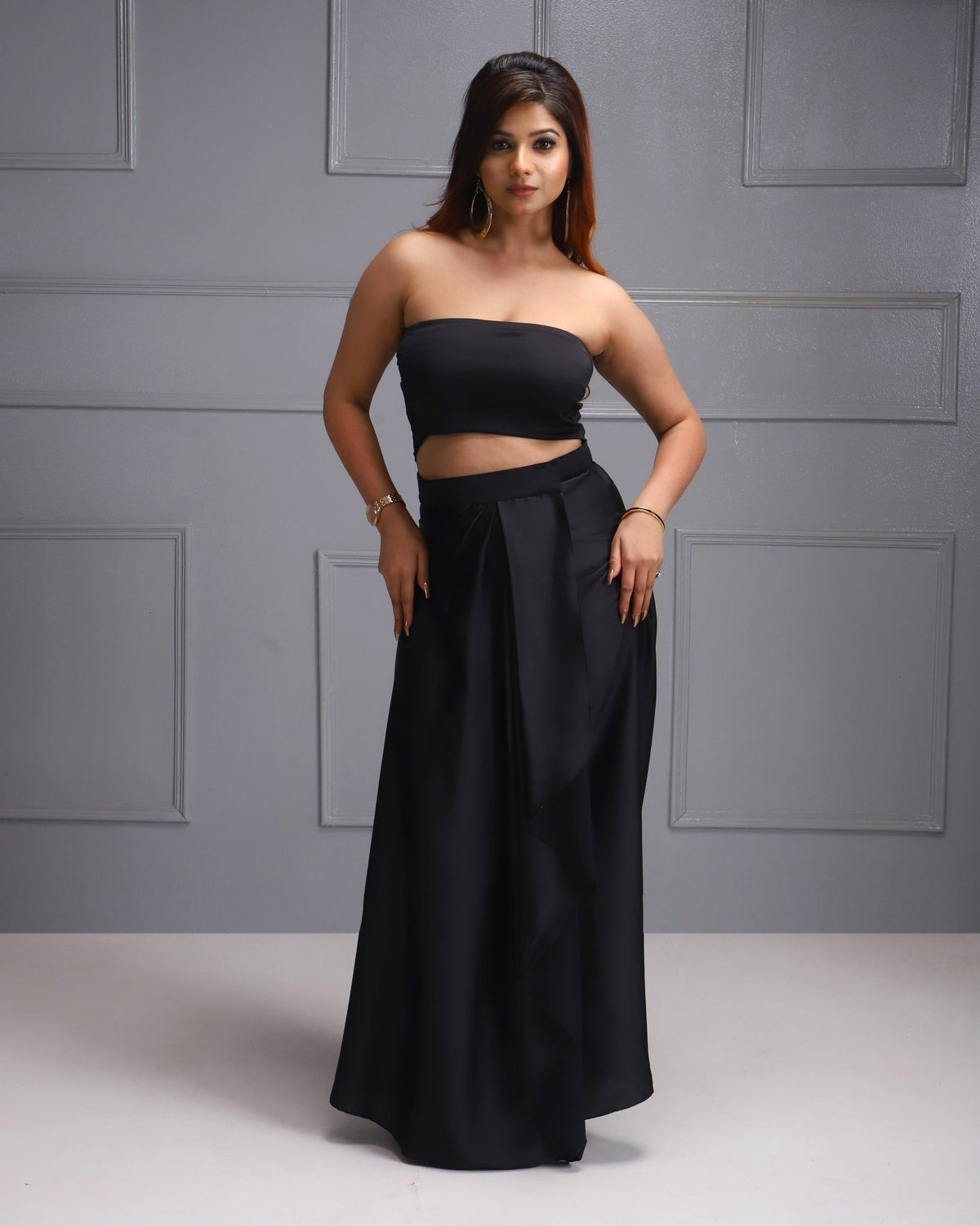 Trendy Women's Fashion, Black Strapless Top, Majisha Crop Top, Maxi Skirt for Women, Chic Contemporary Style, Crop Top and Skirt Co Ord