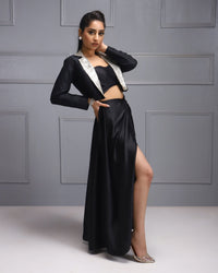 High Slit Dress  Black Evening Gown, Long Sleeve Dress, Sequin Lapel, Sexy, Sophisticated, Gala Wear, Elegant, Night Out.