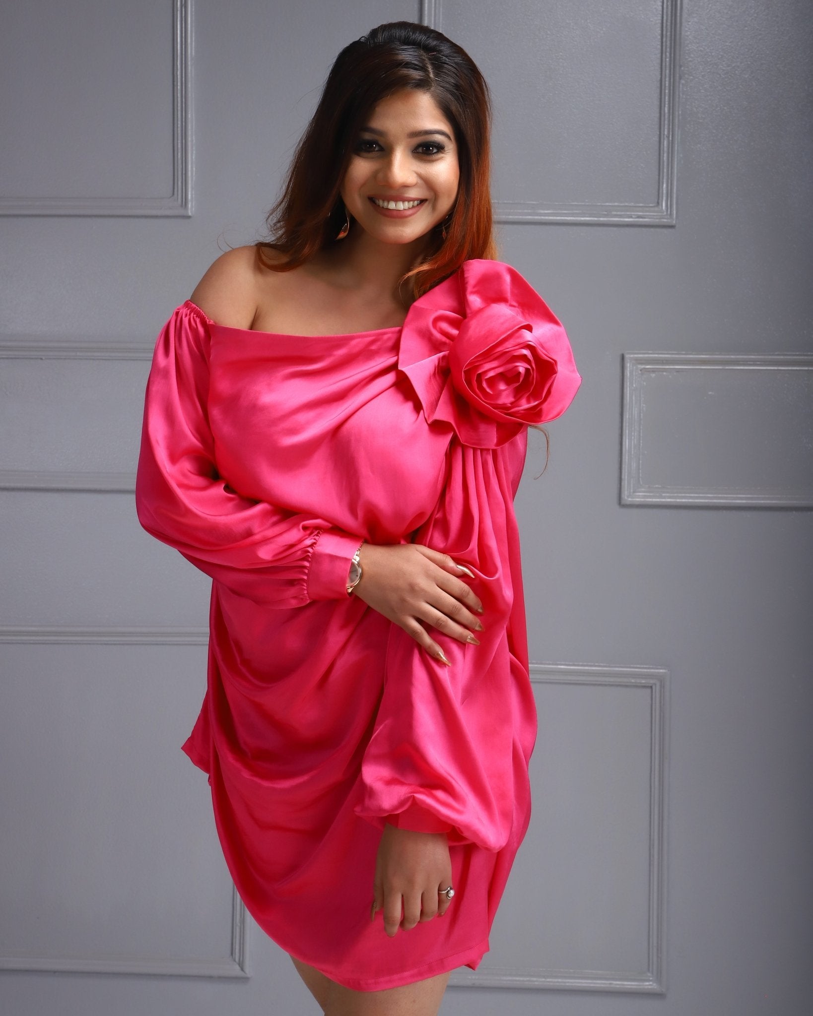 Women's Fashion, Satin Dress, One-Shoulder Dress, Floral Embellishment, Majisha Clothing, Stylish Women's Wear,