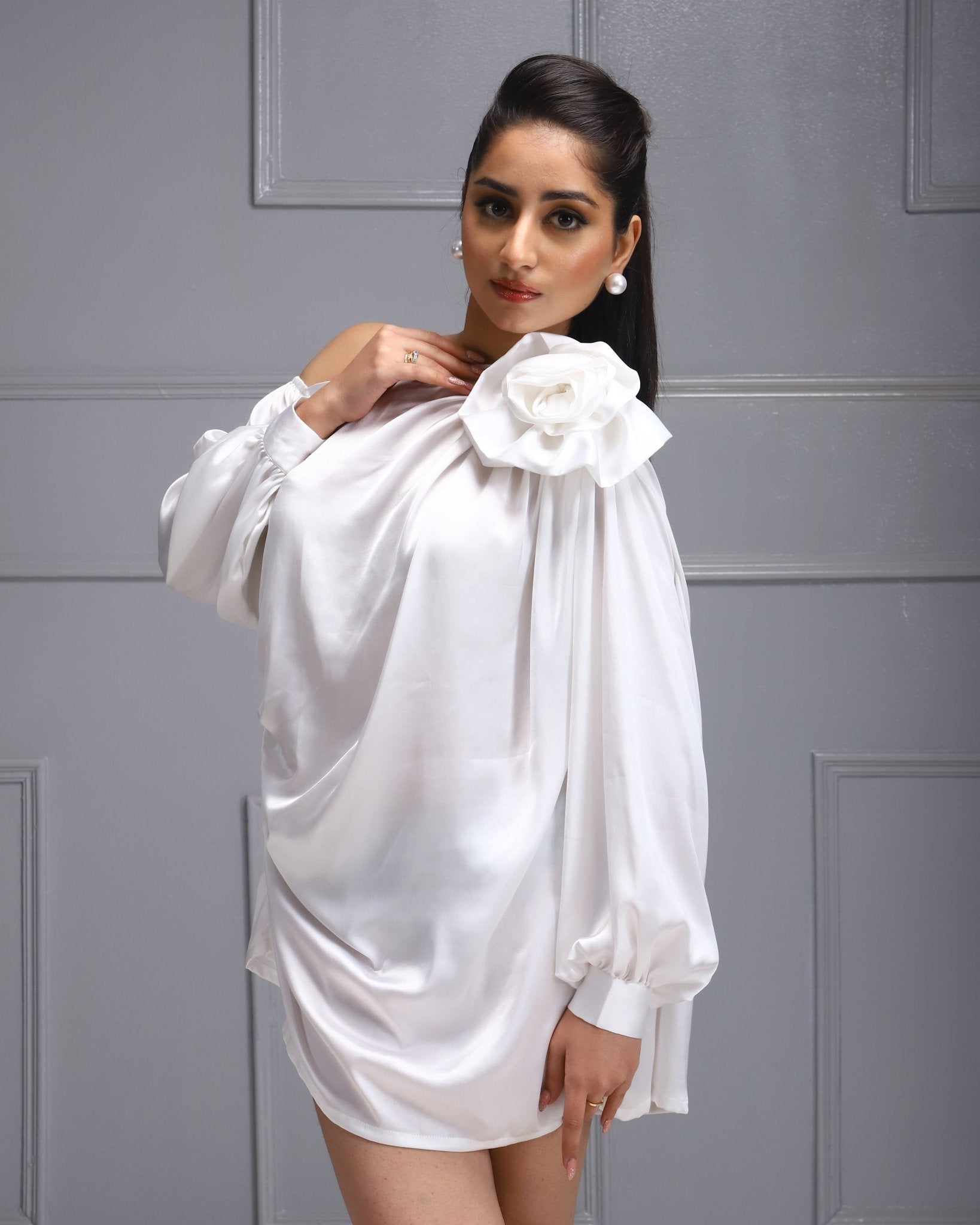 Elegant, Women's Fashion, Satin Dress, Off-Shoulder Dress, Floral Detail, House Of Majisha Collection,