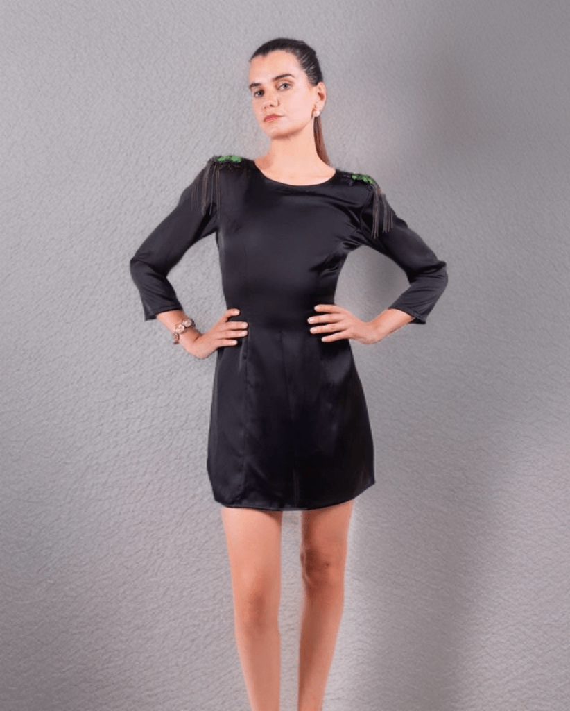 Black Armani Satin Tunic Dress - Elegant evening wear with shoulder brooch and embellishments