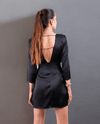 Armani Tunic Black Dress - Elegant black satin tunic dress with shoulder brooch and embellishments, perfect for evening events.