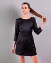 Black Armani Satin Tunic Dress - Elegant black satin tunic dress with shoulder brooch and embellishments, perfect for evening events.