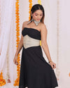 Chic black dress with corset belt and detachable collar, perfect for festive occasions and stylish parties, offering a versatile and modern fusion wear look.