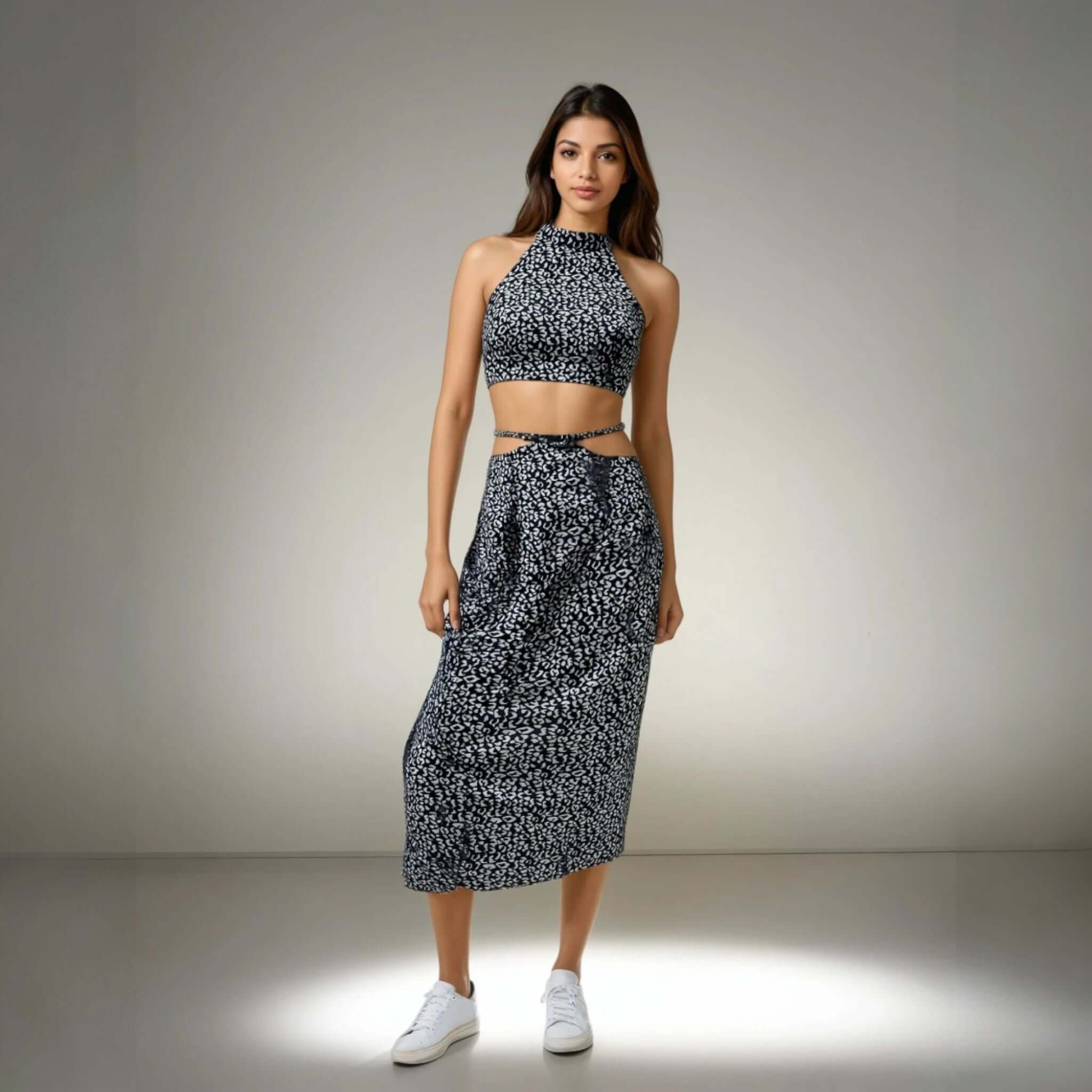 Model showcasing the Blue Bliss Two-Piece Set, featuring a halter neck top and stylish skirt from House Of Majisha, perfect for summer vacations and brunch outings.