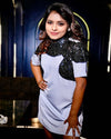 House of Majisha Blue Sequins Patch Party Wear Dress - Double Georgette and Sequins, Collar Band, Evening Dress