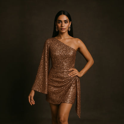 Woman wearing a sparkly one-shoulder dress from house of majisha against a dark background