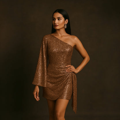 Woman wearing a sparkly gold dress from house of majisha against a dark background