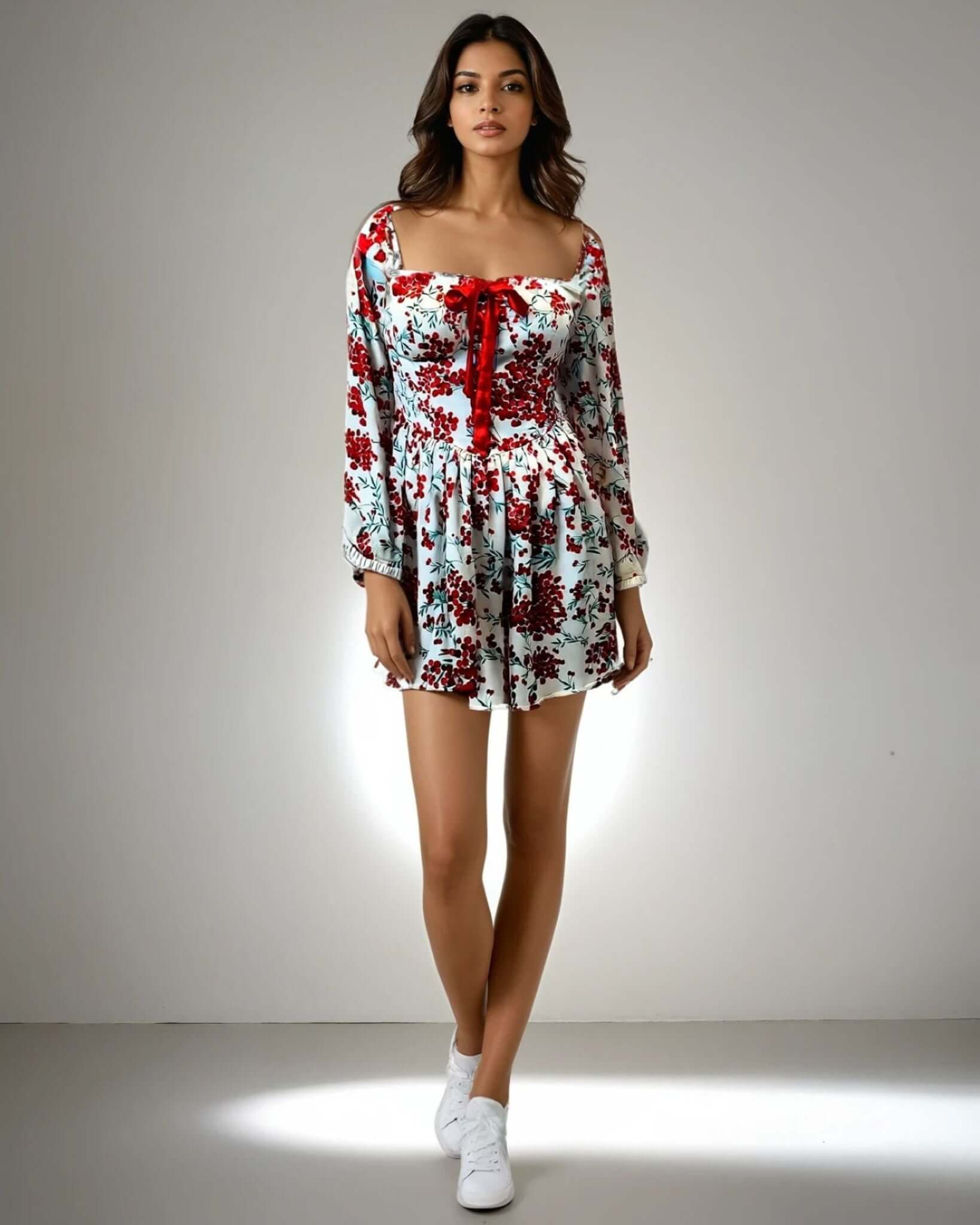 Model showcasing the Charming Print Dress in red and white floral design from House Of Majisha, featuring a sweetheart neckline and bow detailing, perfect for casual outings and parties