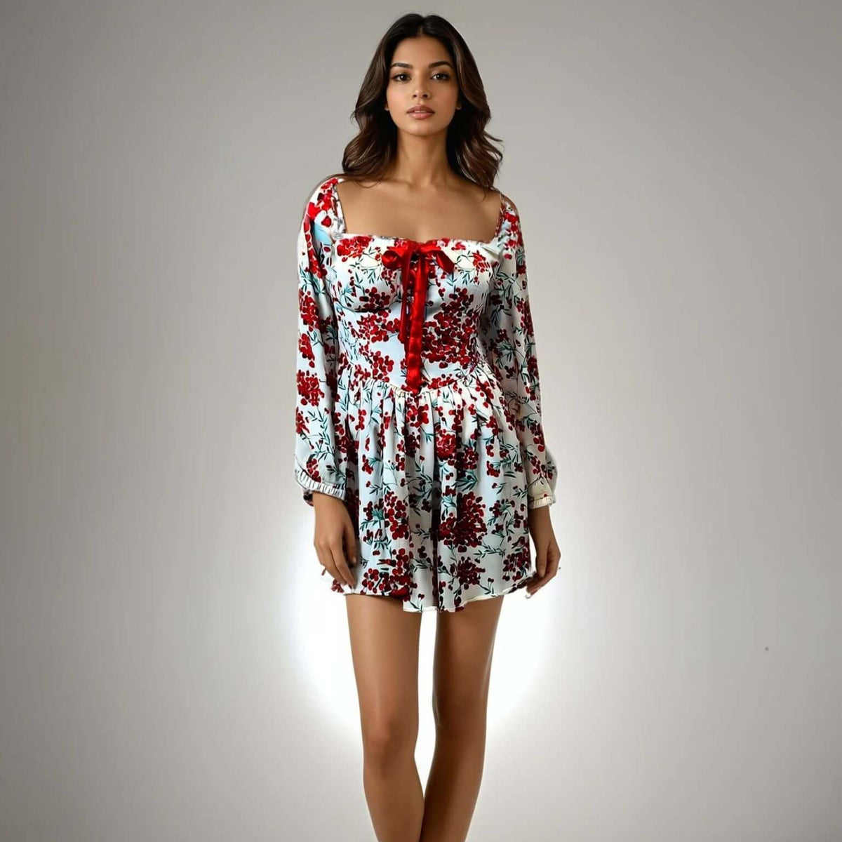 Featuring a sweetheart neckline and bow detailing, perfect for casual outings and parties, Model showcasing the Charming Print Dress in red and white floral design from House Of Majisha.