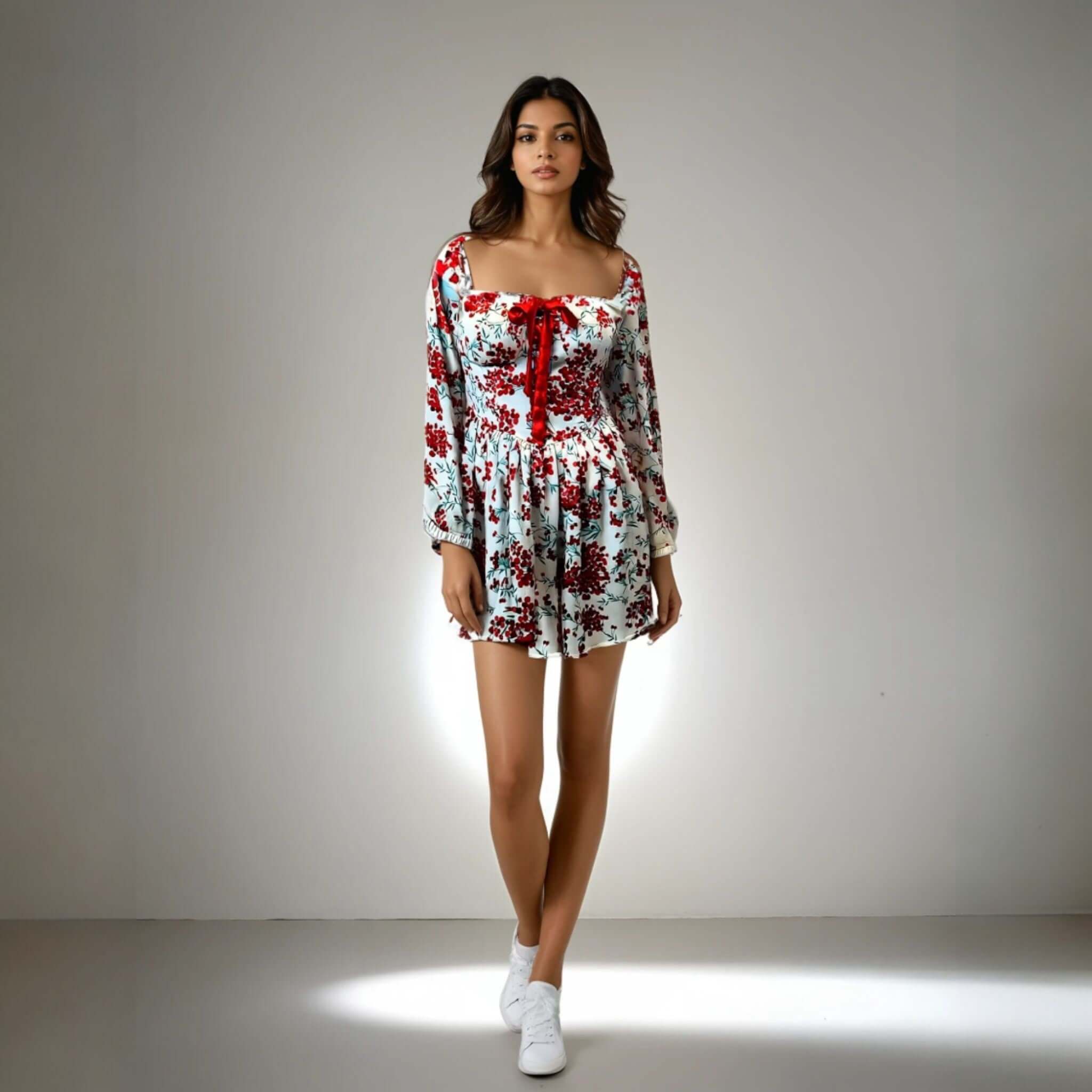 Featuring a sweetheart neckline and bow detailing, perfect for casual outings and parties, Model showcasing the Charming Print Dress in red and white floral design from House Of Majisha.