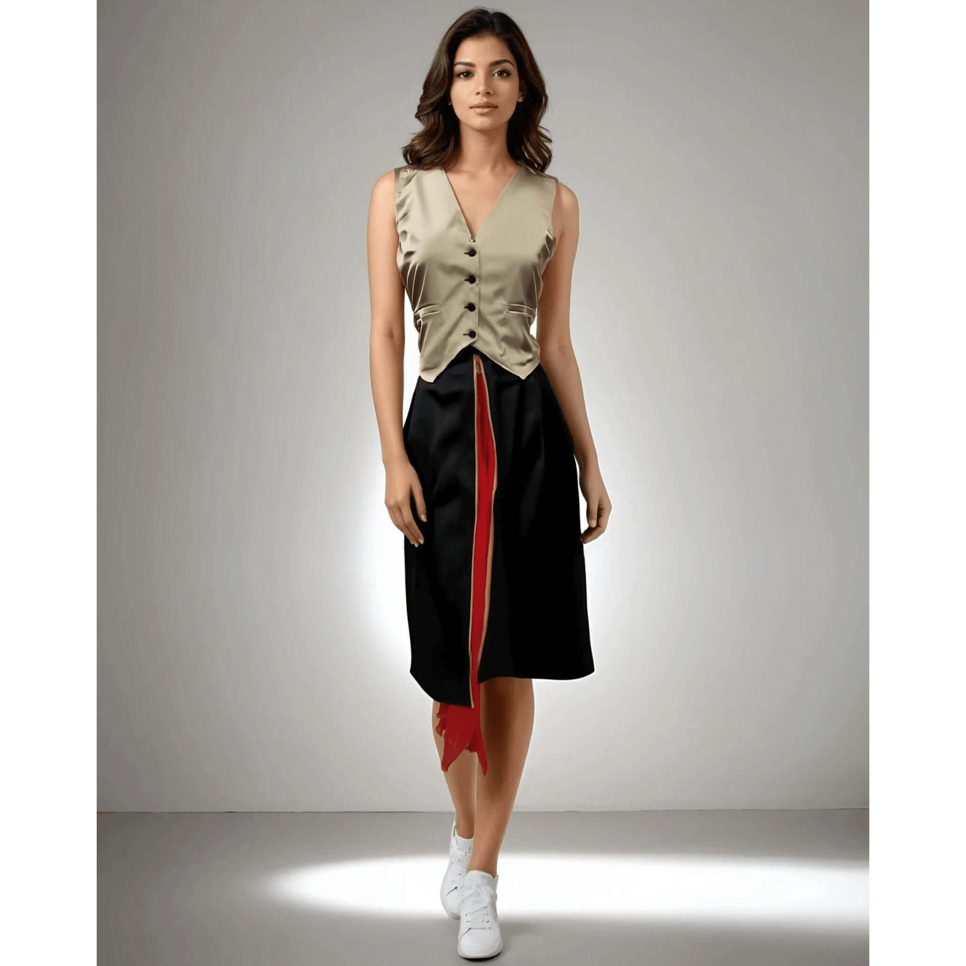 Model showcasing the Chic Coord Set in beige satin and black chiffon featuring a V neckline and zip detailing, perfect for brunch and casual outings from House Of Majisha.