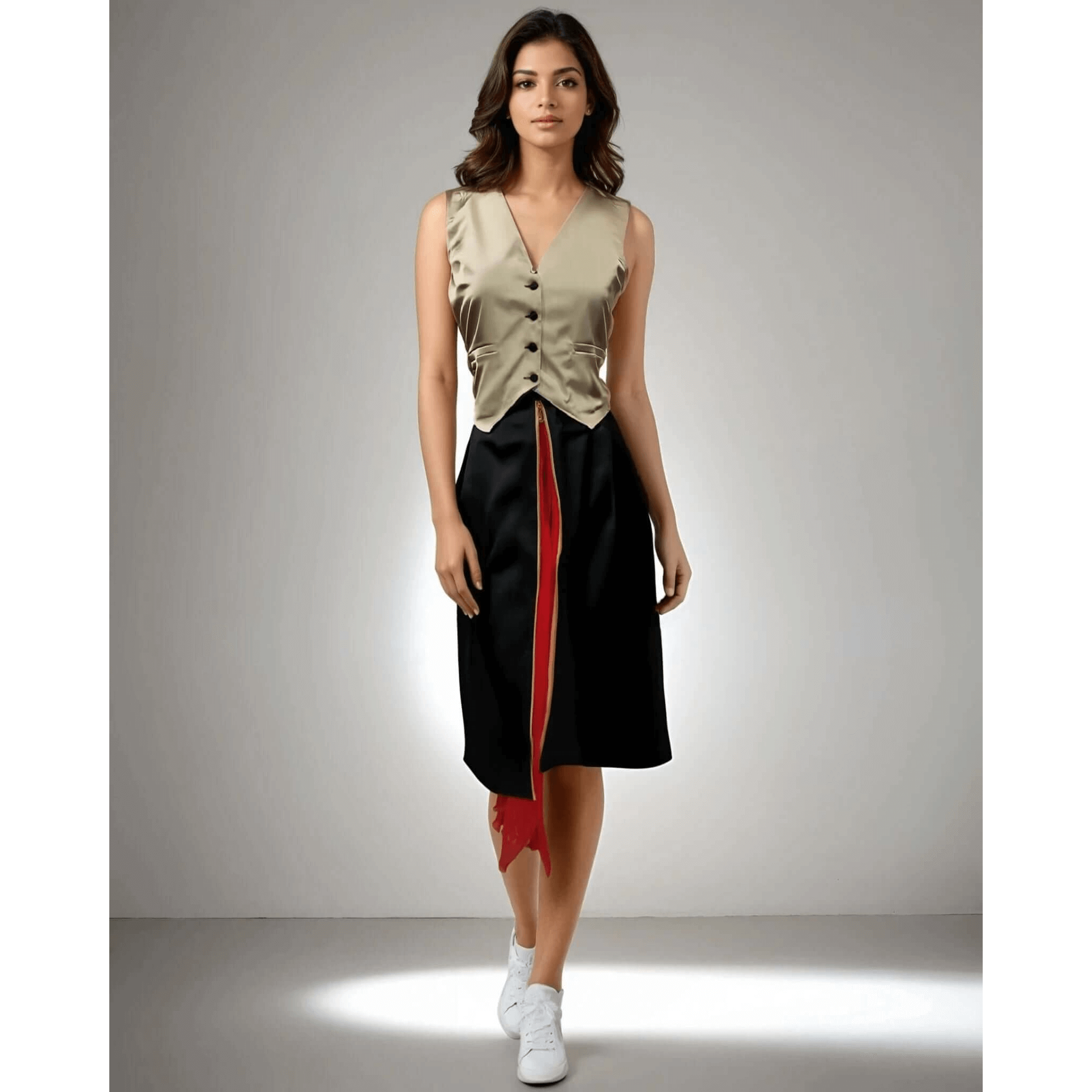 Model showcasing the Chic Coord Set in beige satin and black chiffon featuring a V neckline and zip detailing, perfect for brunch and casual outings from House Of Majisha.