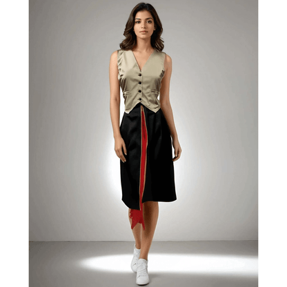 Model showcasing the Chic Coord Set in beige satin and black chiffon featuring a V neckline and zip detailing, perfect for brunch and casual outings from House Of Majisha.