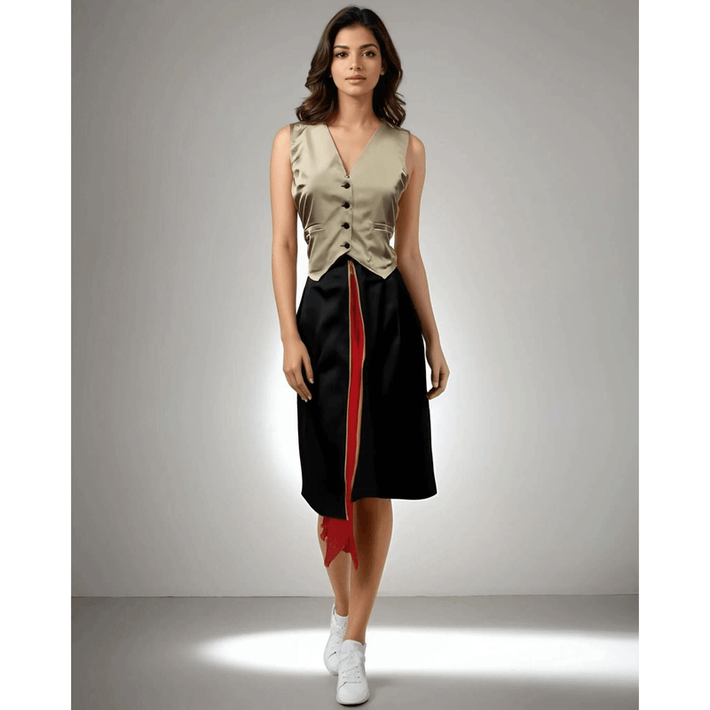 Model showcasing the Chic Coord Set in beige satin and black chiffon featuring a V neckline and zip detailing, perfect for brunch and casual outings from House Of Majisha.