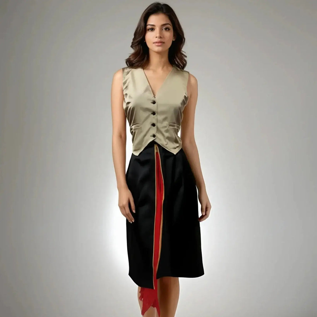 Model showcasing the Chic Coord Set in beige satin and black chiffon featuring a V neckline and zip detailing, perfect for brunch and casual outings from House Of Majisha.