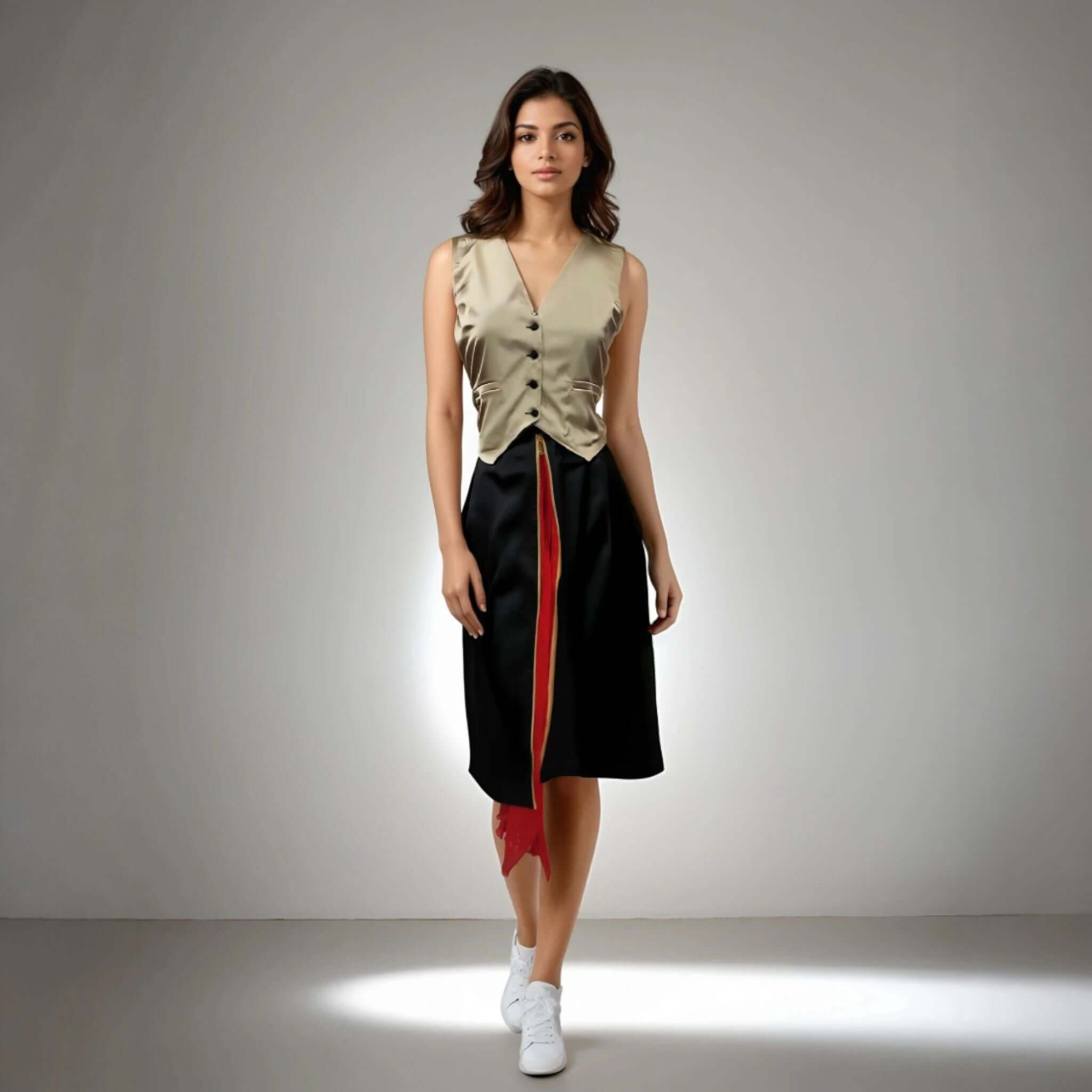 Model showcasing the Chic Coord Set in beige satin and black chiffon featuring a V neckline and zip detailing, perfect for brunch and casual outings from House Of Majisha.