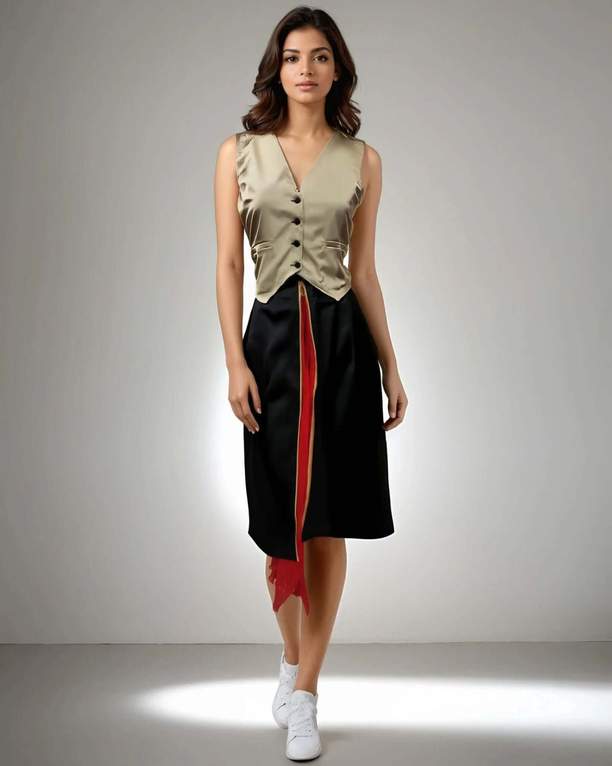 Model showcasing the Chic Coord Set in beige satin and black chiffon featuring a V neckline and zip detailing, perfect for brunch and casual outings from House Of Majisha.