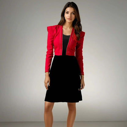 Model showcasing the Chic Fusion Dress by House Of Majisha, featuring a fuchsia pink jacket with silver piping over a sleek black tube dress, perfect for party wear.