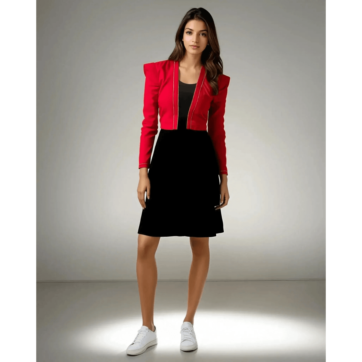 Model showcasing the Chic Fusion Dress by House Of Majisha, featuring a fuchsia pink jacket with silver piping over a sleek black tube dress, perfect for party wear.
