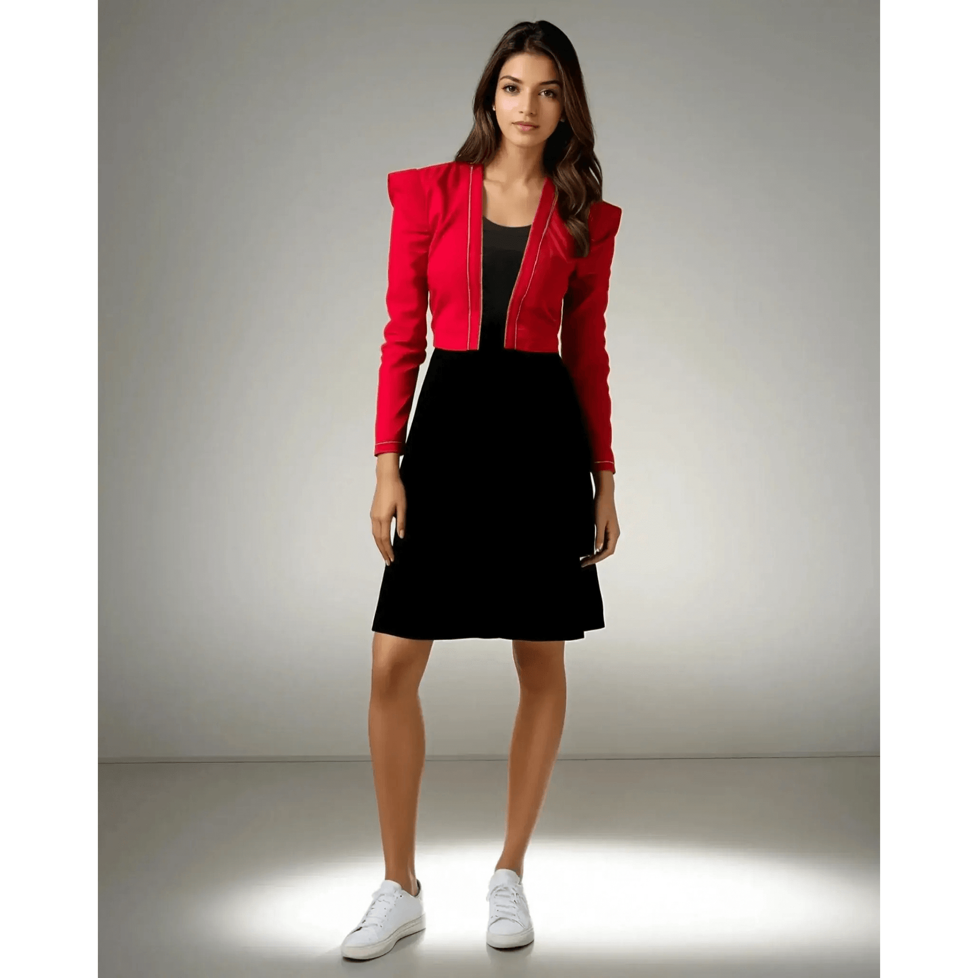 Model showcasing the Chic Fusion Dress by House Of Majisha, featuring a fuchsia pink jacket with silver piping over a sleek black tube dress, perfect for party wear.