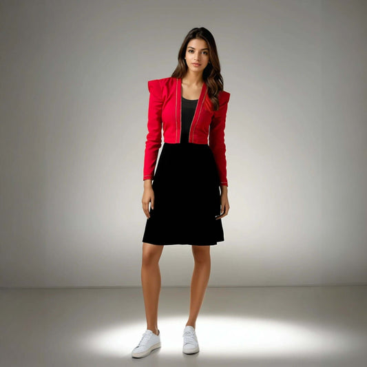 Model showcasing the Chic Fusion Dress by House Of Majisha, featuring a fuchsia pink jacket with silver piping over a sleek black tube dress, perfect for party wear.