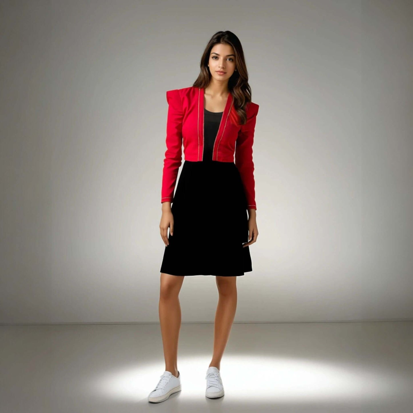 Model showcasing the Chic Fusion Dress by House Of Majisha, featuring a fuchsia pink jacket with silver piping over a sleek black tube dress, perfect for party wear.