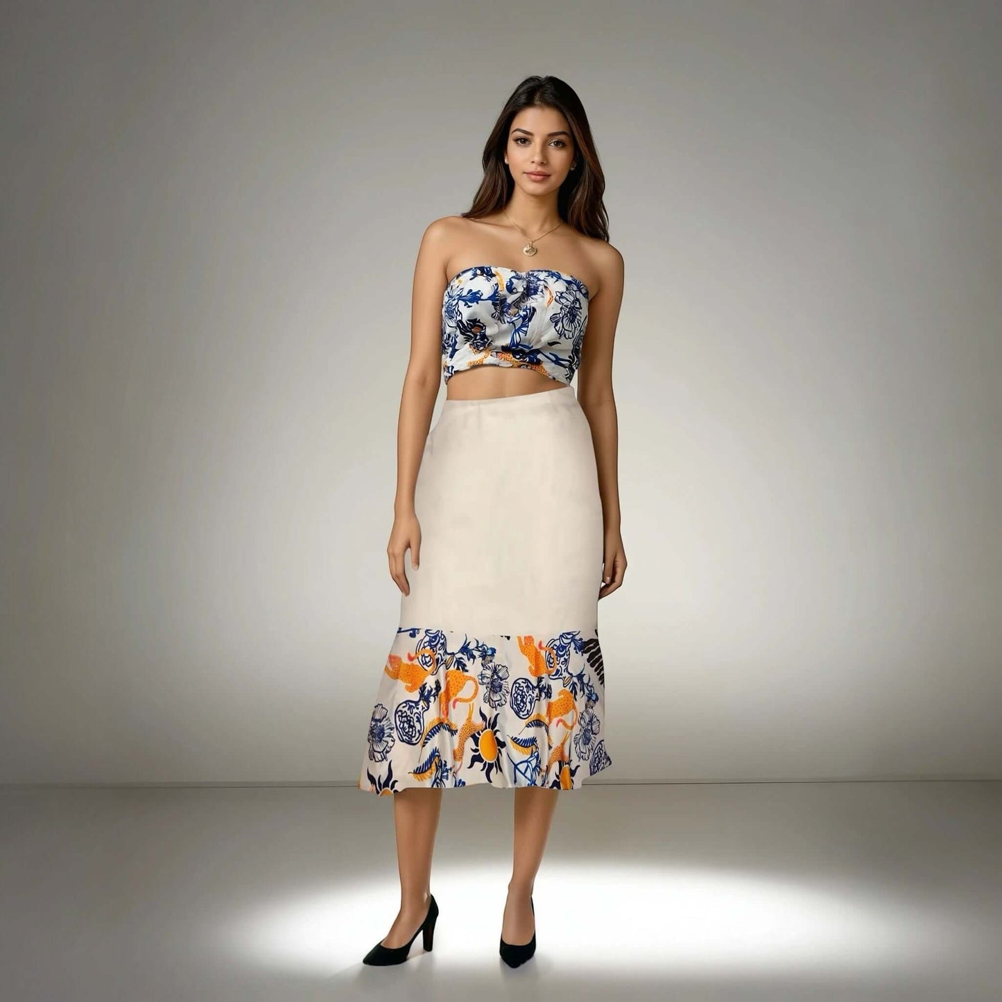 Woman wearing a summer coord set with coastal prints from House of Majisha
