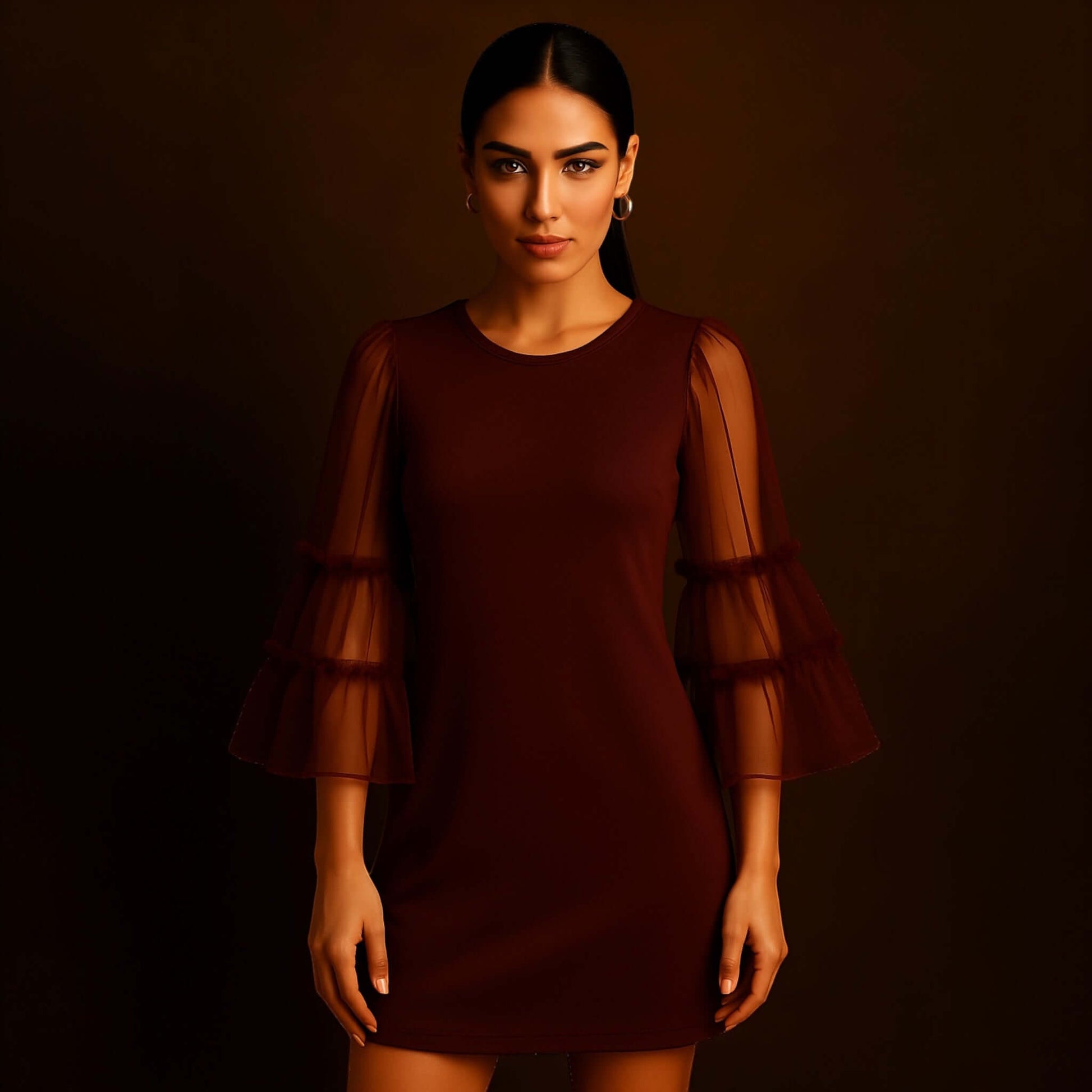 model wearing a Maroon Sheer Sleeve Mini Dress with sheer layered bell sleeves, styled by House of Majisha against a warm studio brown backdrop.