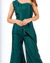 Emerald green coord set with off-shoulder asymmetrical top and flared palazzo pants, perfect for clubwear and evening parties.