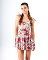 White and red floral cut-out skater dress with sweetheart neckline, perfect for summer beach and party wear.