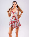 White and red floral cut-out skater dress for women, perfect for summer, beach, club, and parties with a sweetheart neckline and sleeveless design.