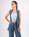 House Of Majisha 3-Piece Blue Printed Coord Set: Light blue bustier crop top paired with a matching printed collar vest and wide-leg pants in double georgette fabric. Perfect for formal or day wear with a chic and modern look.