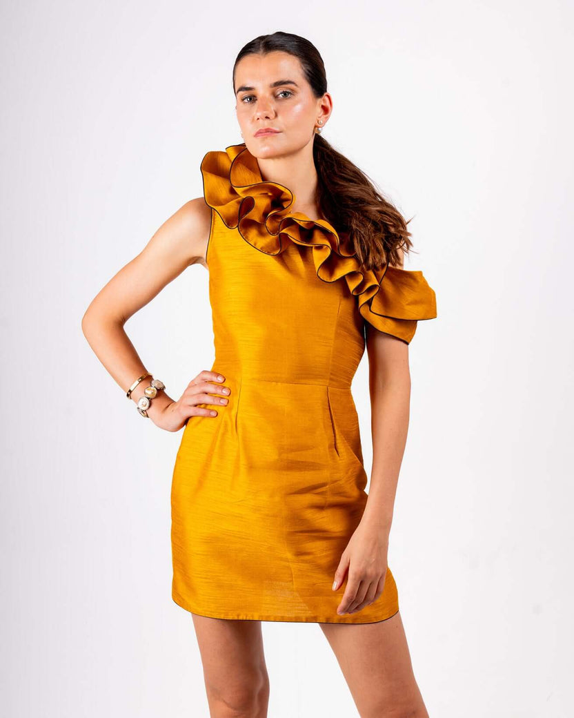 The Bujjagali Mustard Yellow Puff Sleeve Skater Dress. main image 1