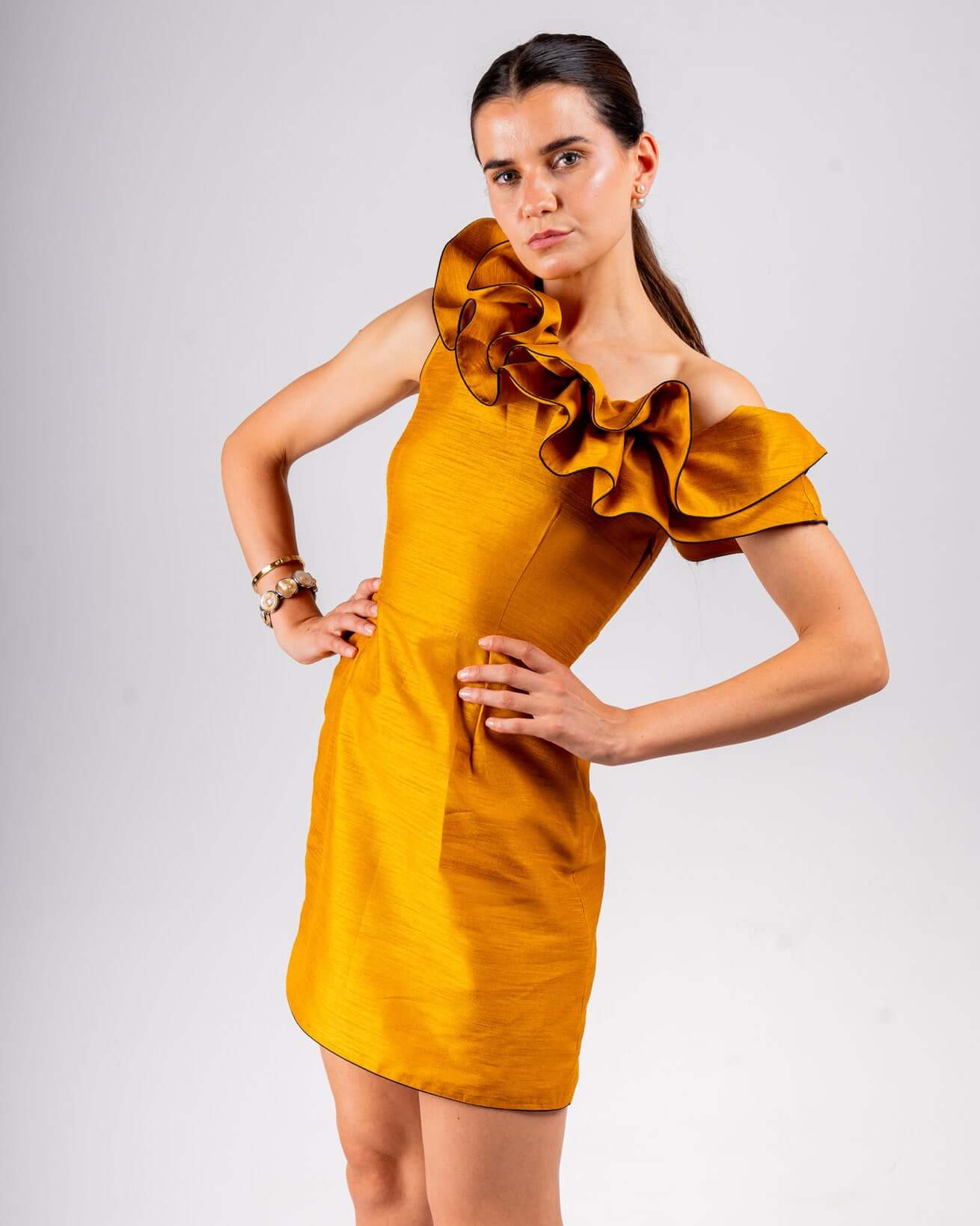 Mustard Yellow One-Shoulder Bodycon Dress - House Of Majisha