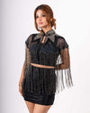 Black & Silver Beaded Shrug - Luxurious cape-style women's shrug with intricate cut dana work and beaded fringes in black and gold color scheme