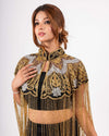 Black & Gold Beaded Shrug - Luxurious cape-style women's shrug with intricate cut dana work and beaded fringes in black and gold color scheme