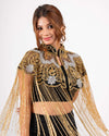 This elegant cape features intricate gold and silver embroidery with long fringe detailing, perfect for adding a regal touch to any outfit