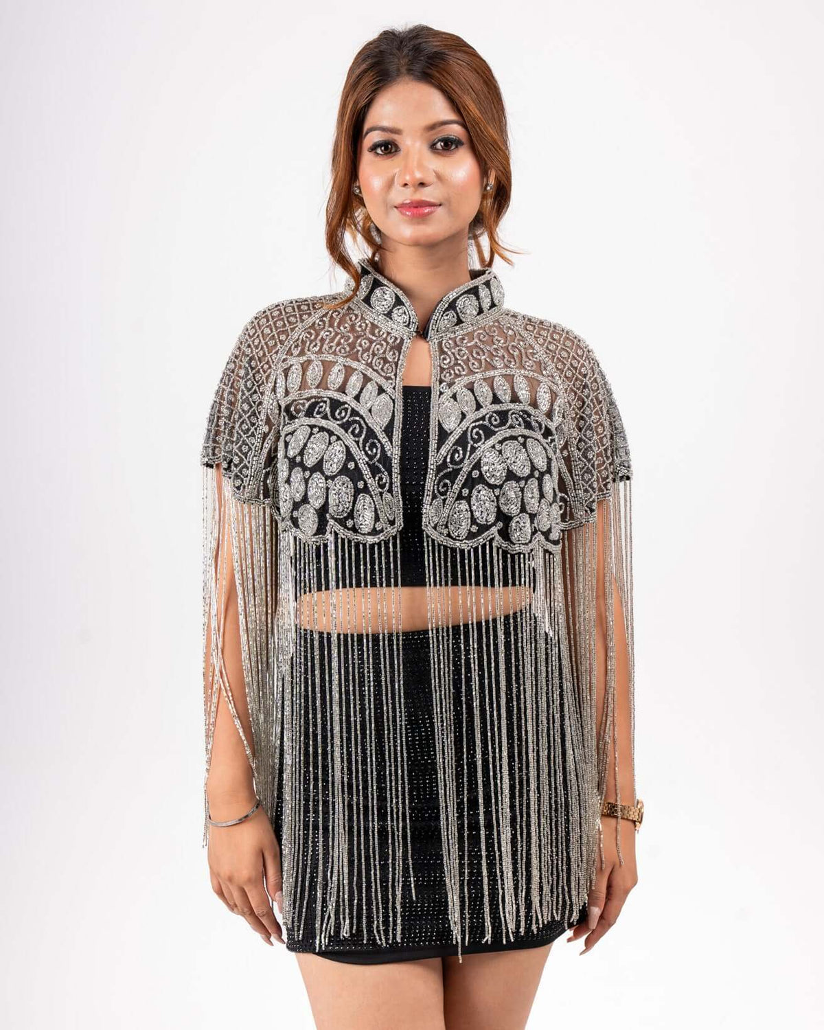 Silver & Black Beaded Shrug, Capes New Arrivals Under Rs. 3500 Women Online Clothing Collection, House Of Majisha