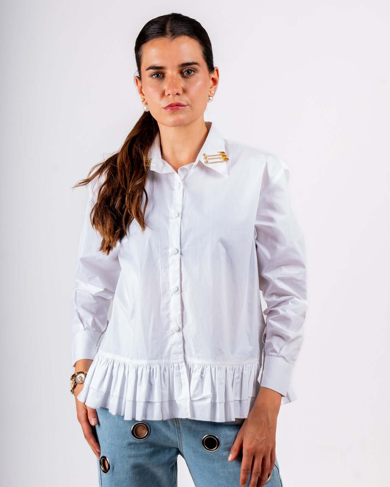 White Cotton Ruffle Shirt House Of Majisha
