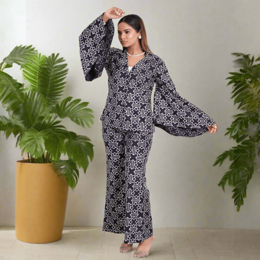 Dark Blue Embroidered Coord Set: Elegant fusion wear with intricate thread work for women, perfect for formal events or parties.