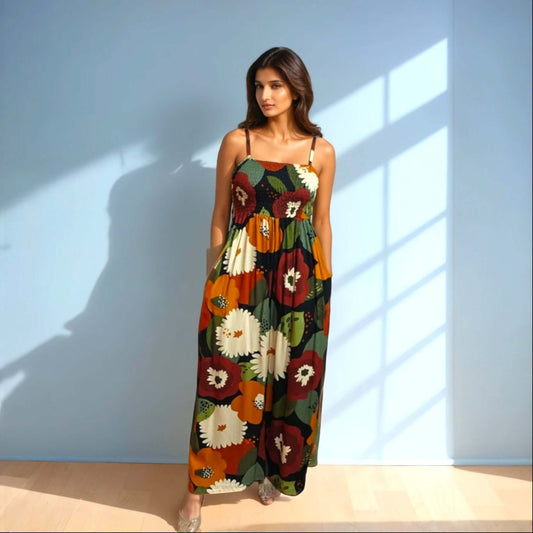 Model showcasing House Of Majisha Earthy Elegance Jumpsuit Set in brown and earthy tones, featuring a flared jumpsuit with a tube neckline and a stylish crop jacket, perfect for casual outings.